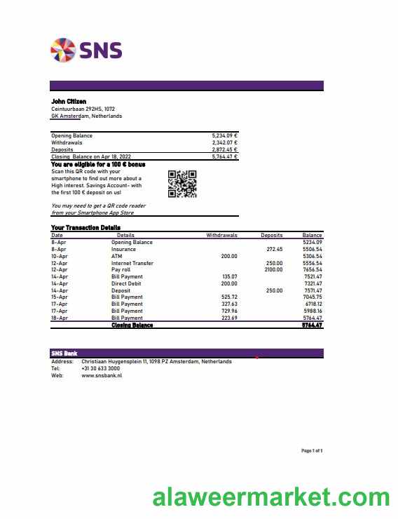 Netherlands SNS bank statement Excel and PDF template